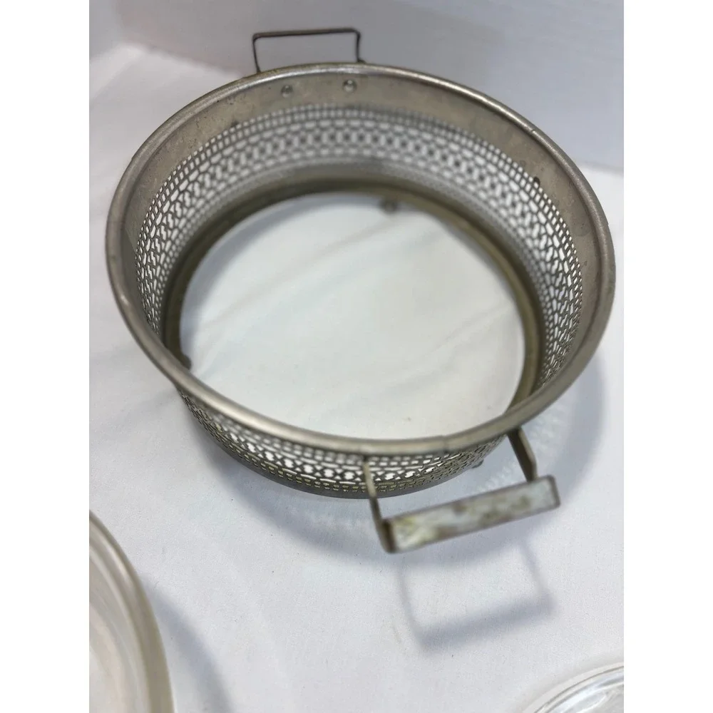 Pyrex Clear‎ Glass Etched Floral Casserole Dish with Silver Filigree Cradle Antq